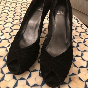 Stuart Weitzman Extra Peep Toe Heels Black Suede 8